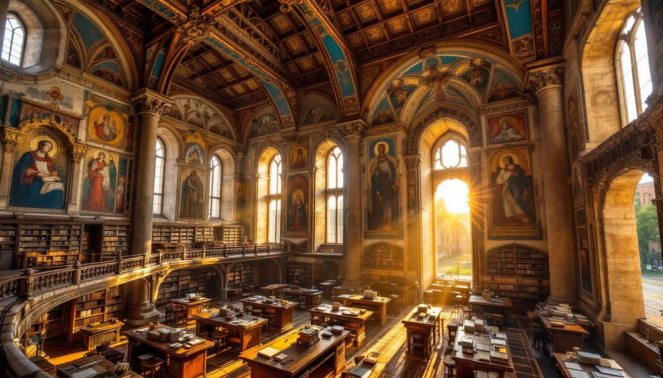 Cette bibliothèque garde des plafonds peints de 1350 dans un palais fortifié