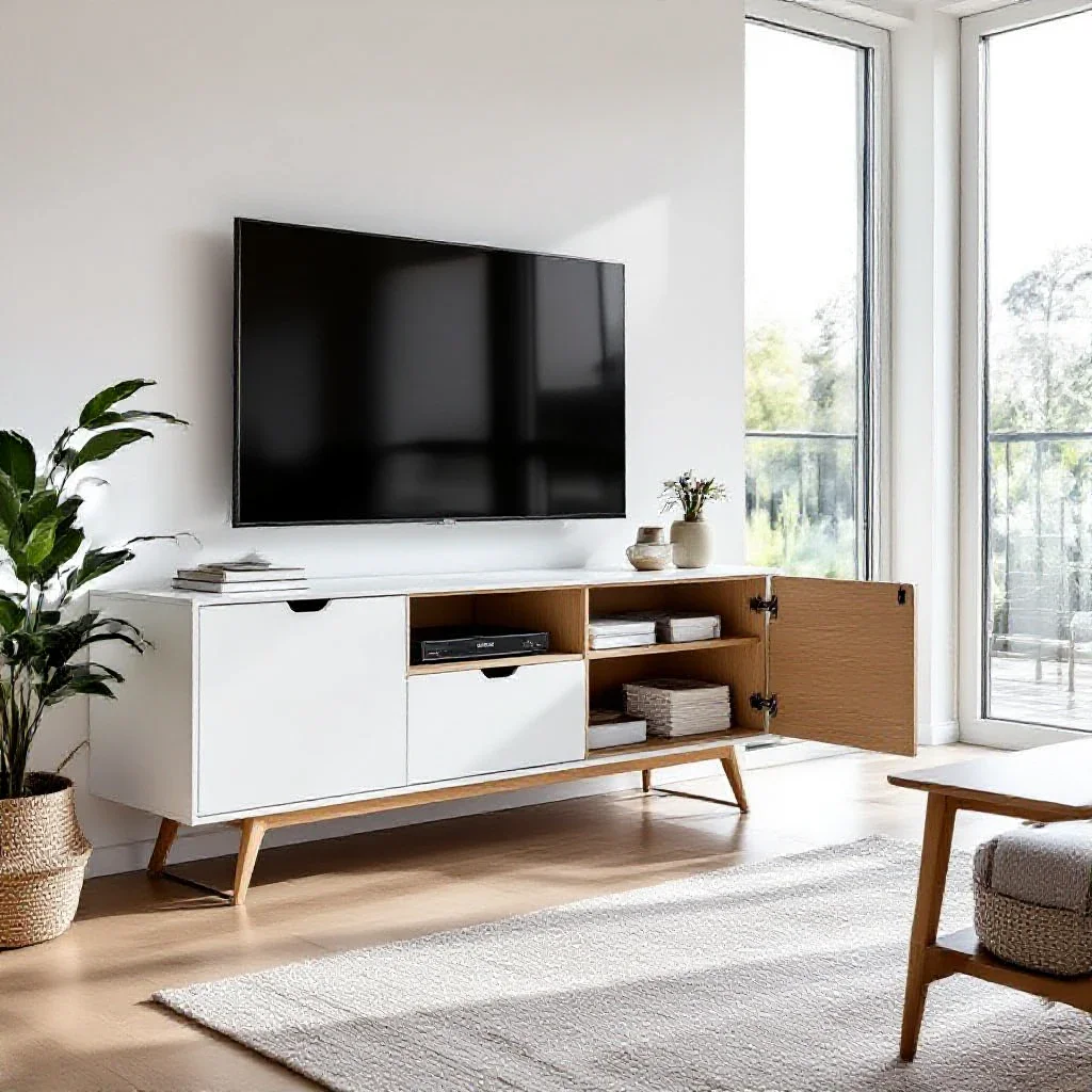 meuble tv scandinave blanc chene tiroir porte moderne