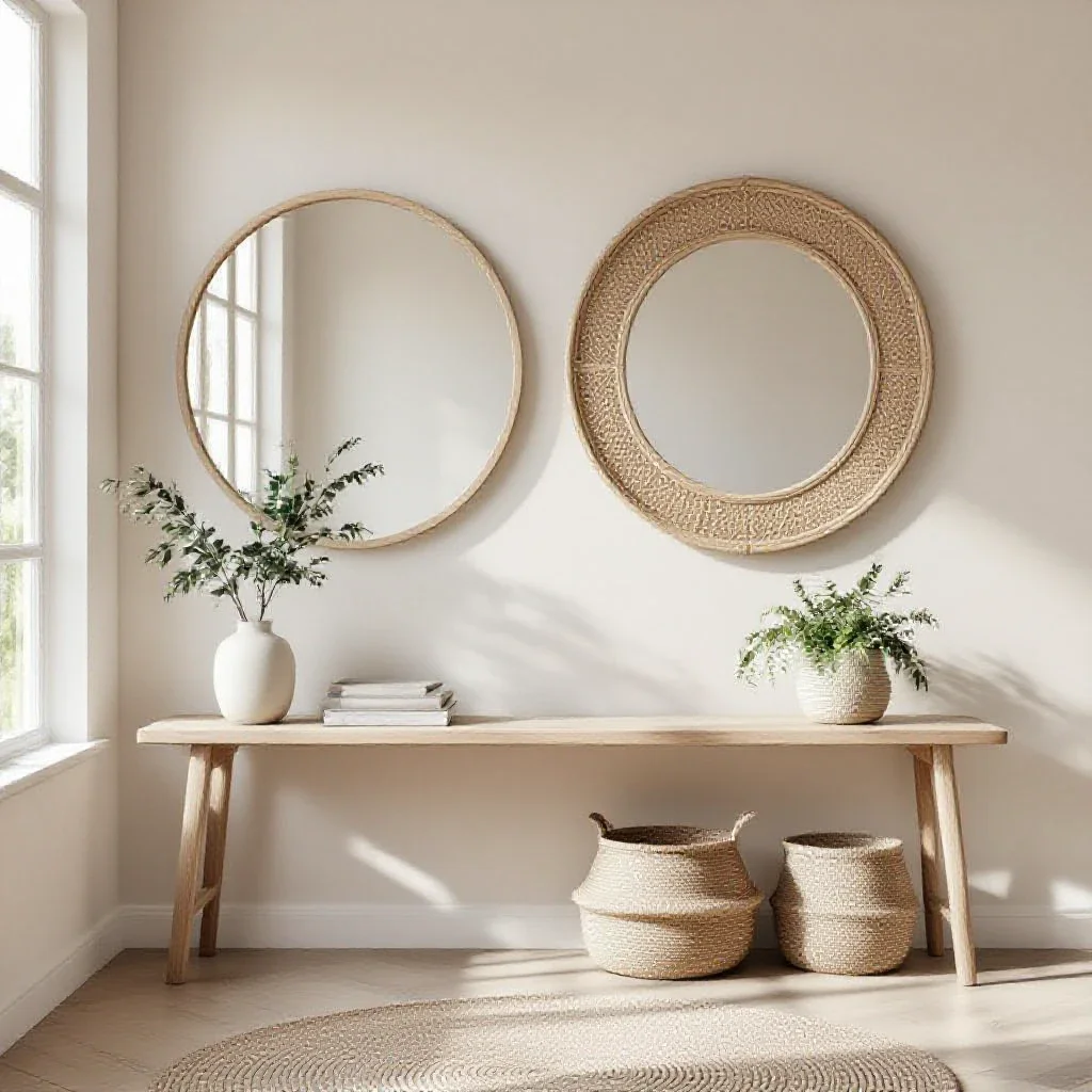 miroir scandinave rond cadre bois rotin decoration murale