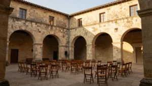 Cour interieure d'un palais avignonnais en debut de soiree avec chaises installees pour un concert