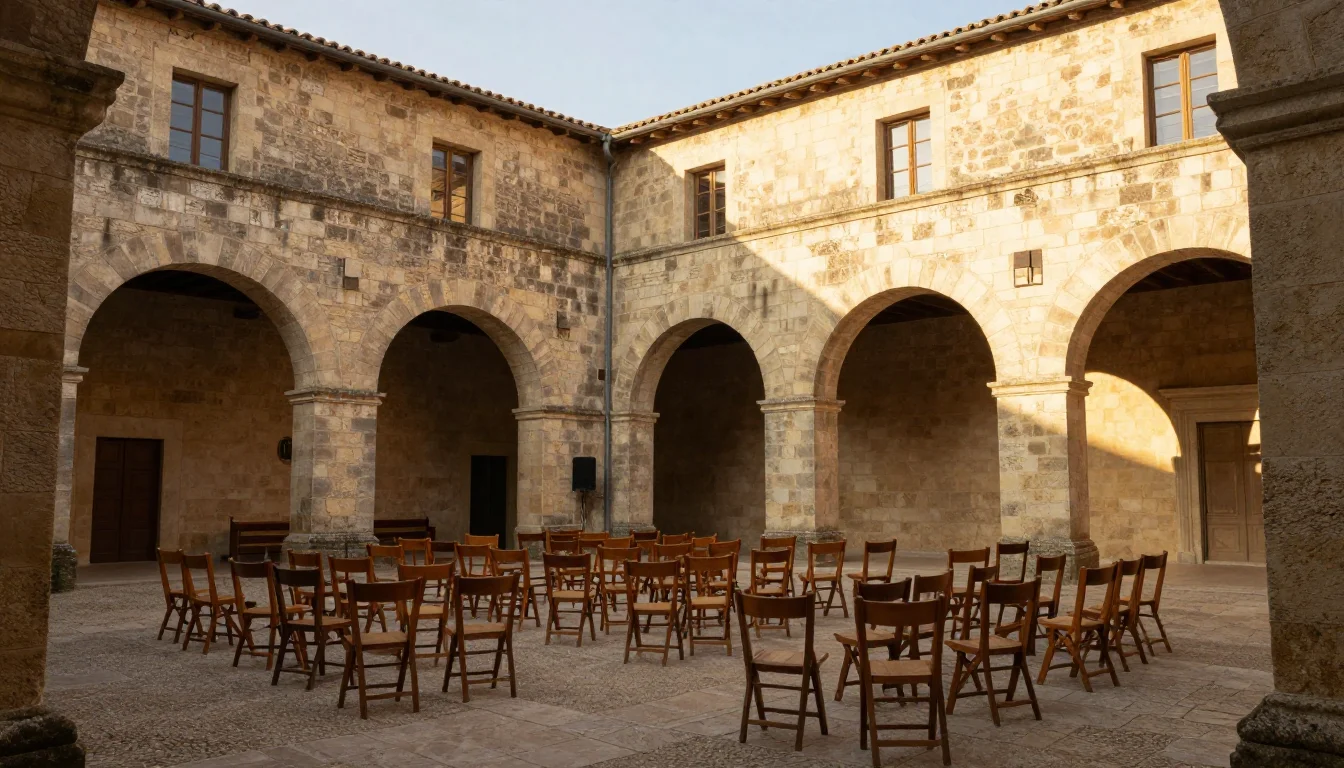 Cour interieure d'un palais avignonnais en debut de soiree avec chaises installees pour un concert