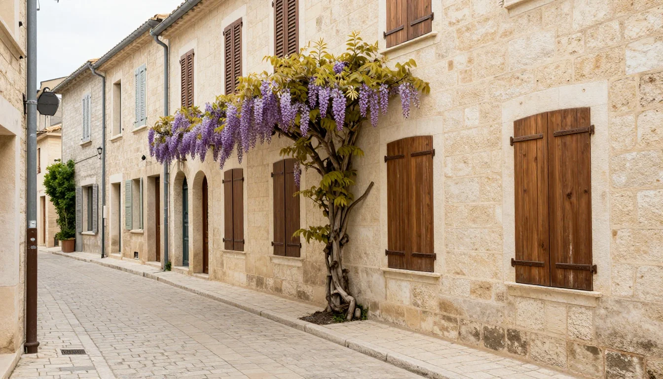 Rue pavee du quartier Banasterie a Avignon avec facades en pierre claire et glycines fleuries