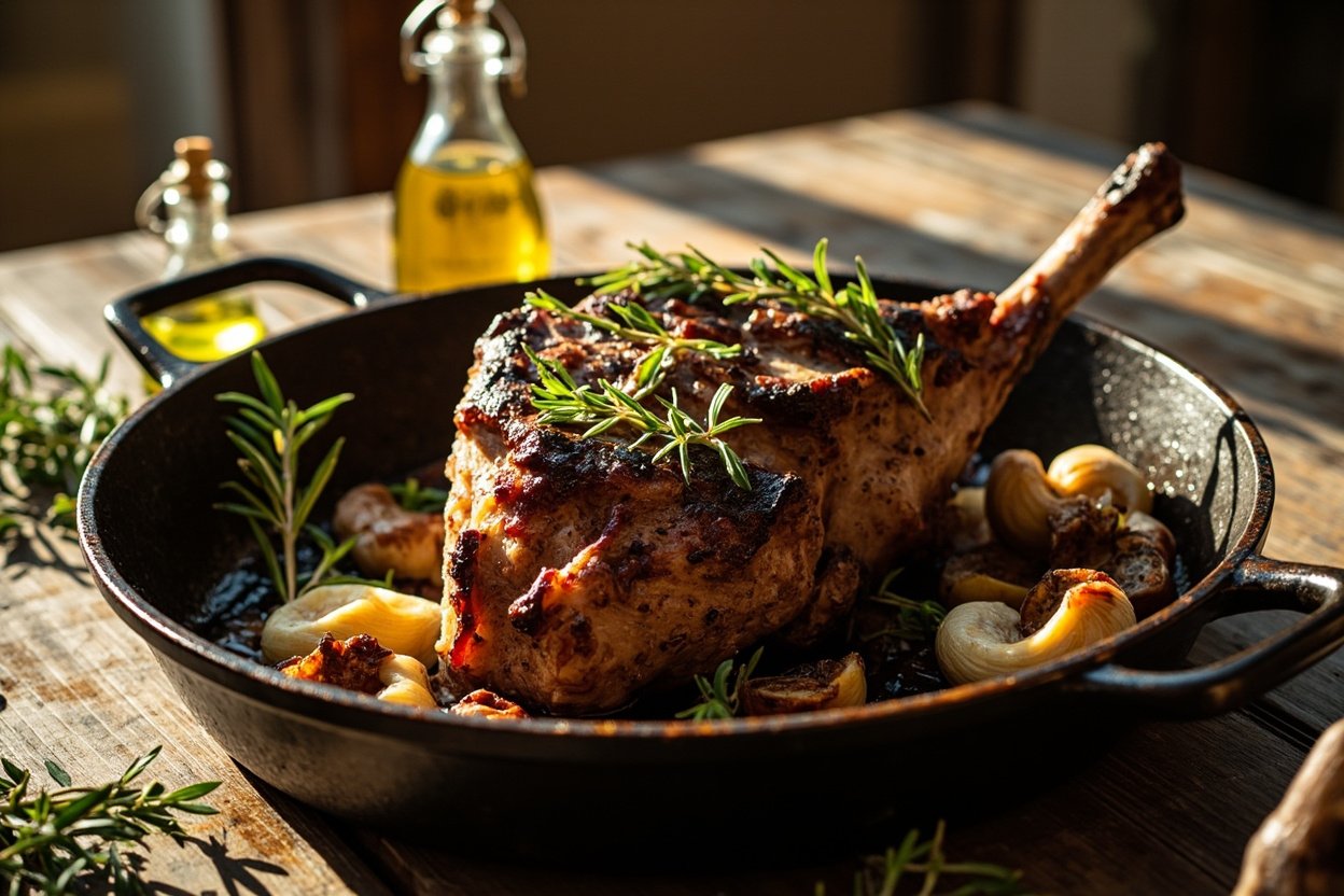 Gigot d'agneau de Provence rôti aux herbes de Provence dans un plat