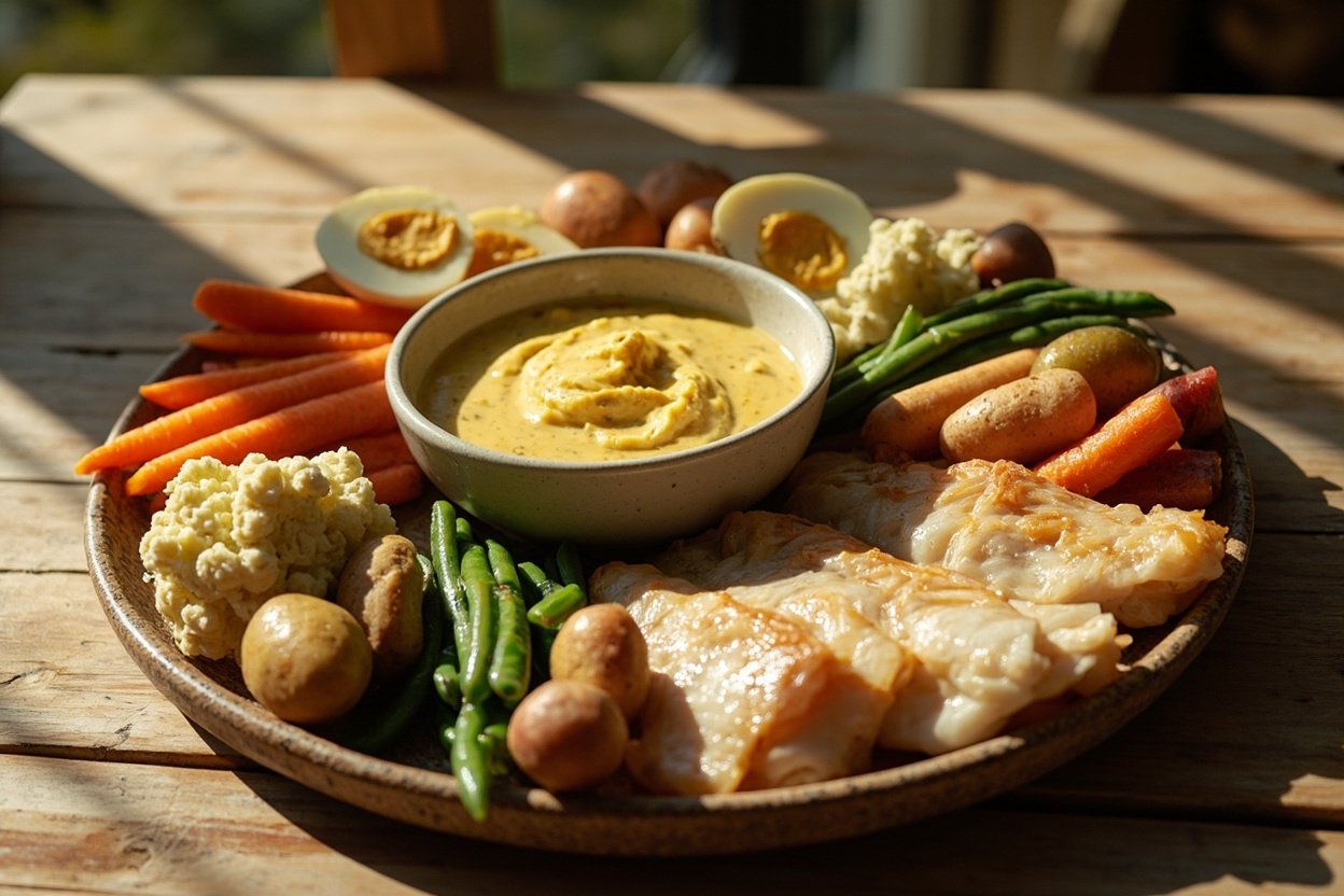Grand aïoli provençal : morue, légumes, œufs et sauce à l ail