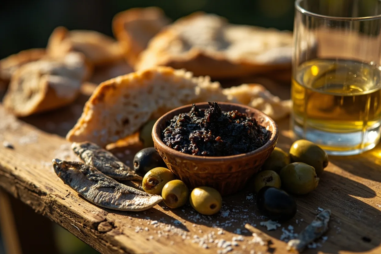 Tapenade noire olives anchois et pain pour apéritif provençal