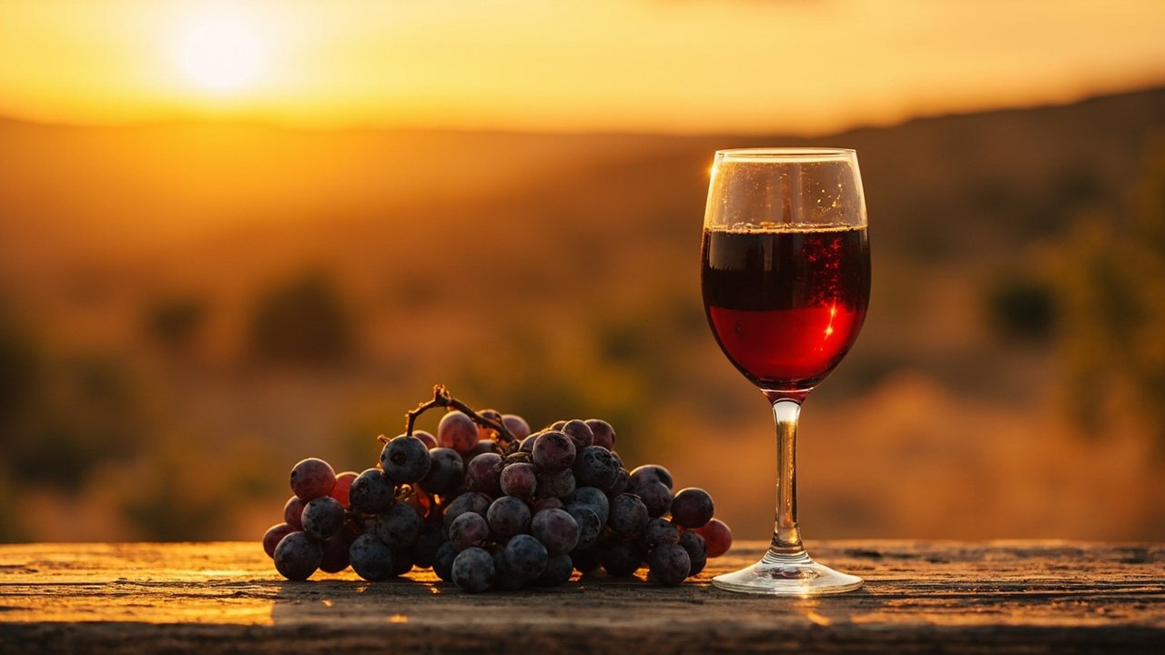 Verre de vin rouge GSM et grappes de raisin noir du Rhone