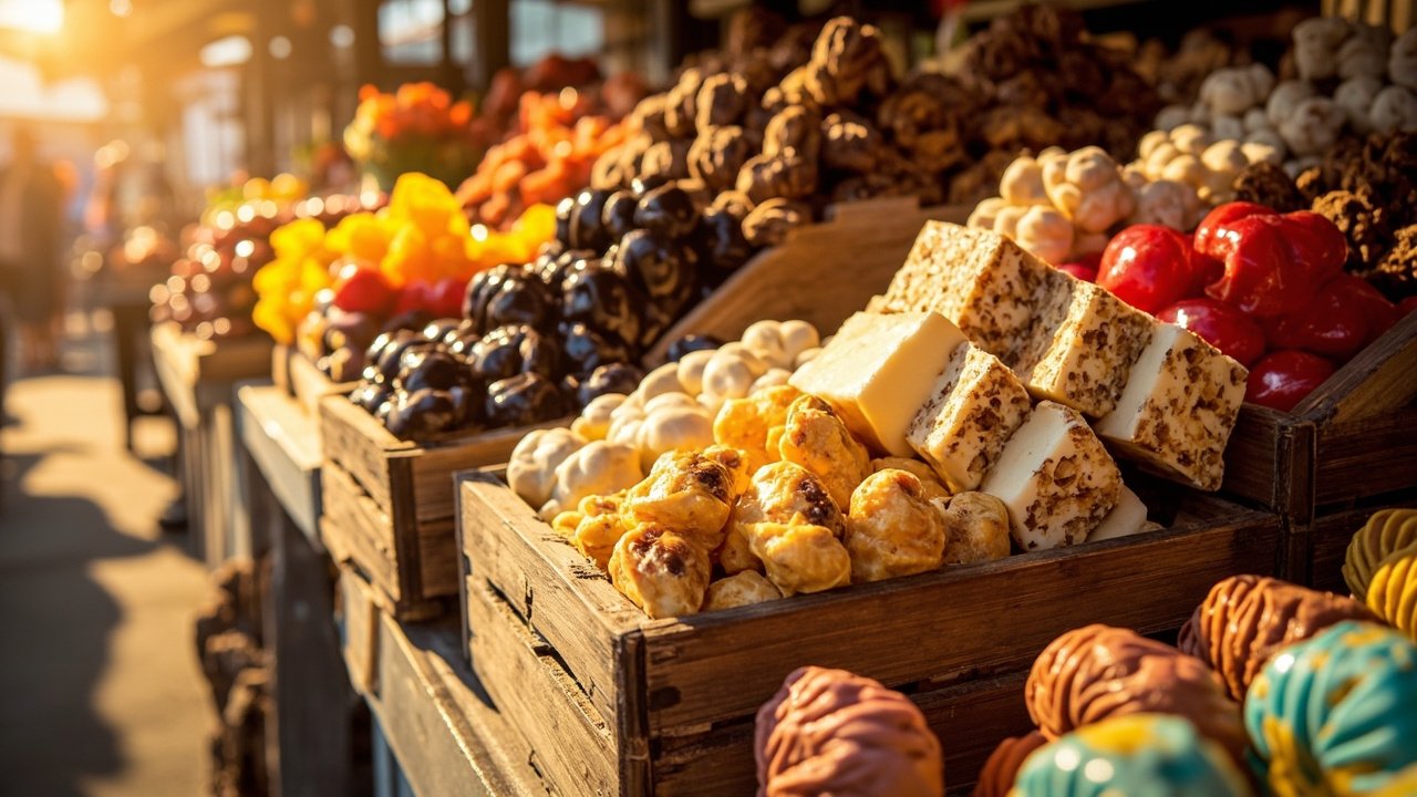 Etal de confiseries provencales sur un marche