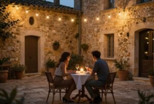 Diner aux chandelles pour deux sur une terrasse en pierre au crepuscule a Avignon