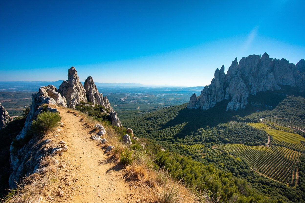 Cretes calcaires des Dentelles de Montmirail au-dessus des vignobles de Gigondas