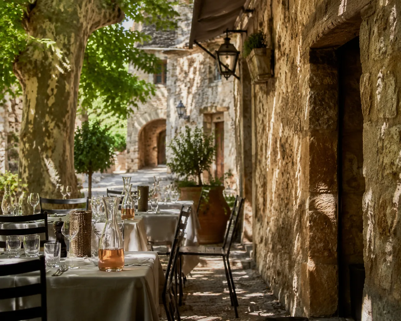 Terrasse de restaurant a l ombre des platanes a Avignon