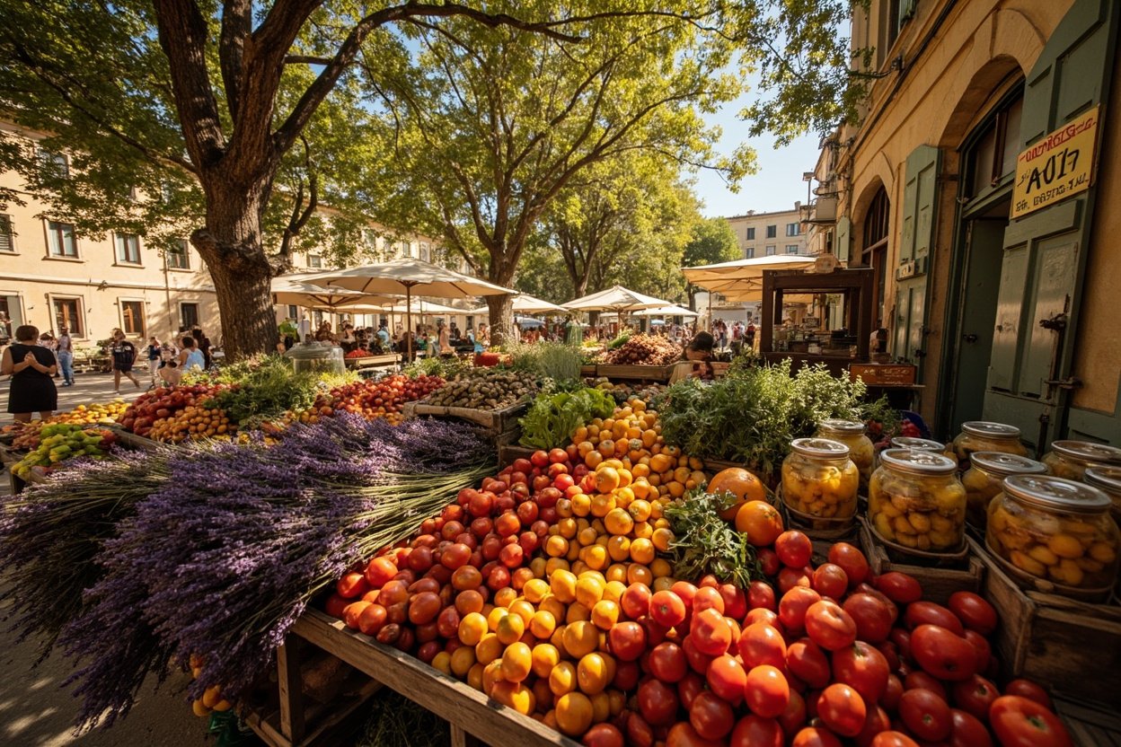 Marché provençal coloré dans un village autour d'Avignon