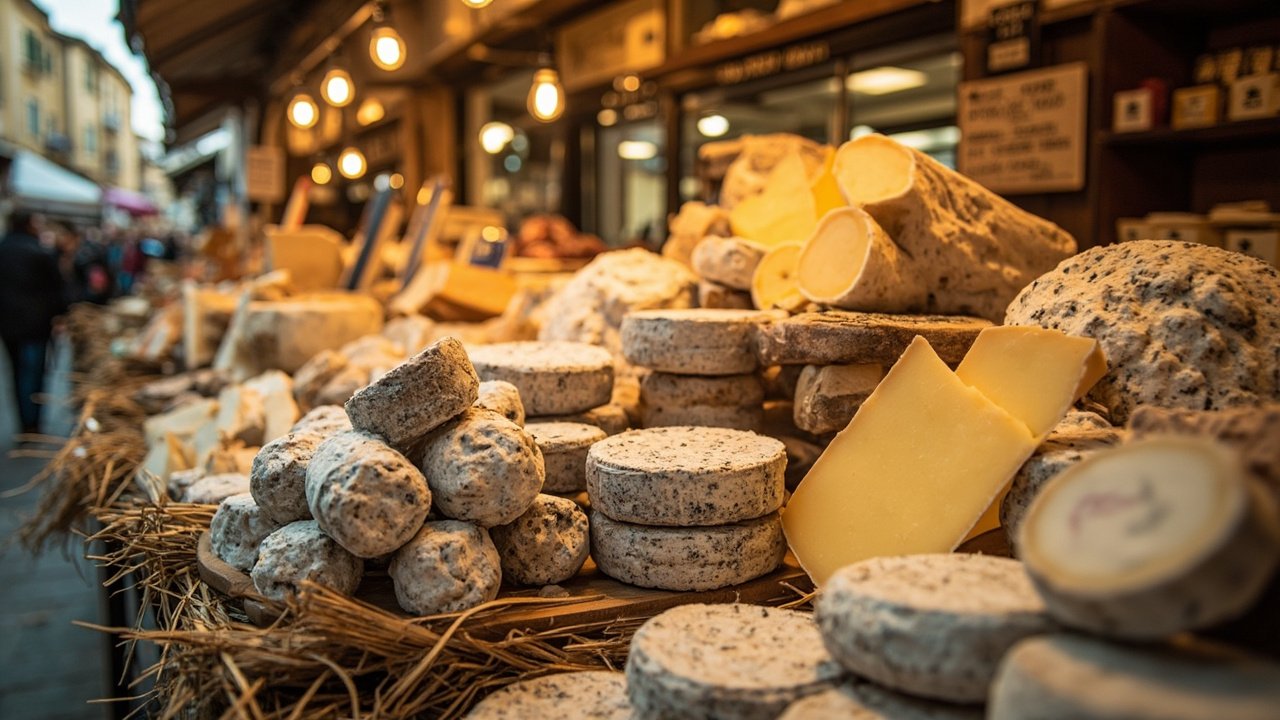Etal de fromager avec fromages de chevre tommes et crottins aux Halles dAvignon