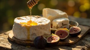 Tomme de Provence a croute fleurie et brousse fromage frais avec miel et figues