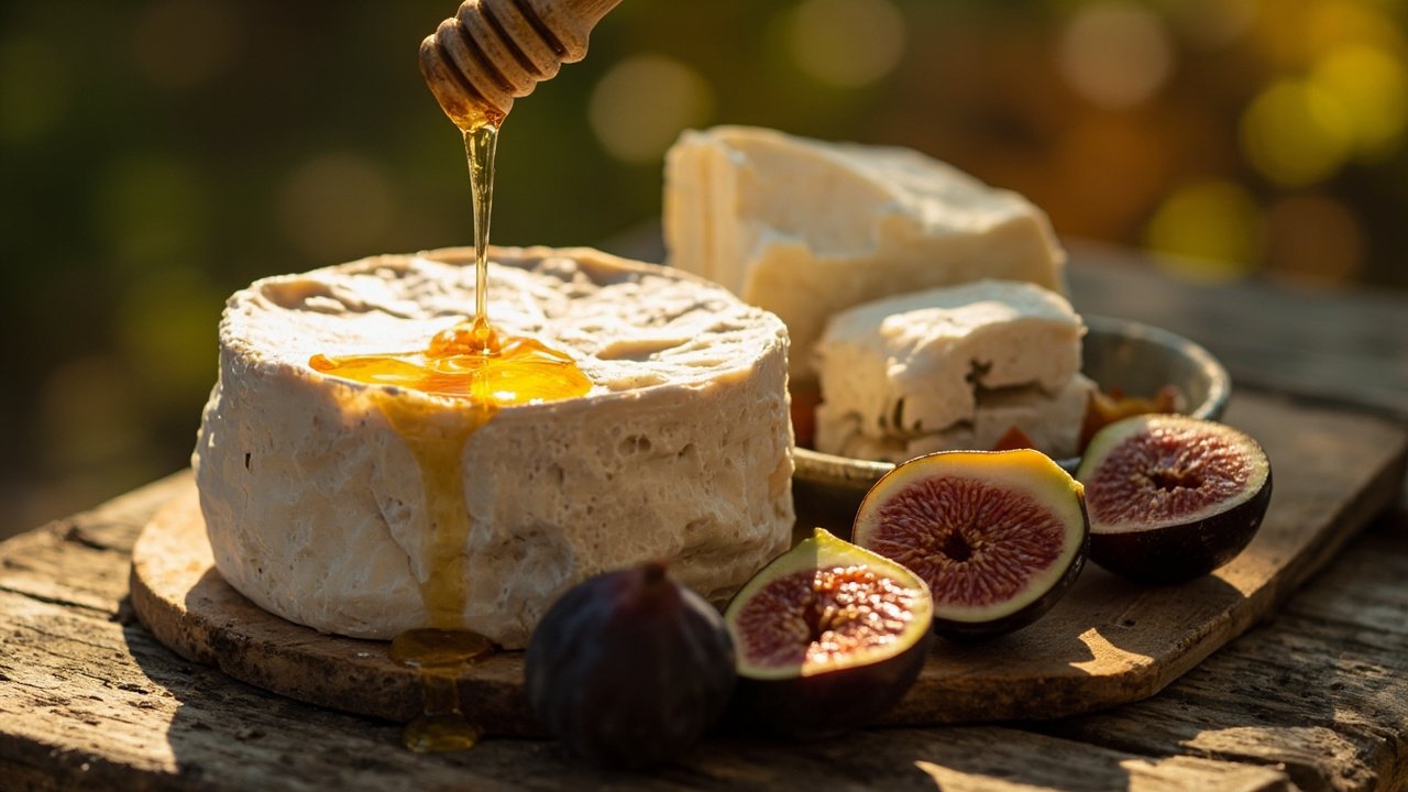 Tomme de Provence a croute fleurie et brousse fromage frais avec miel et figues