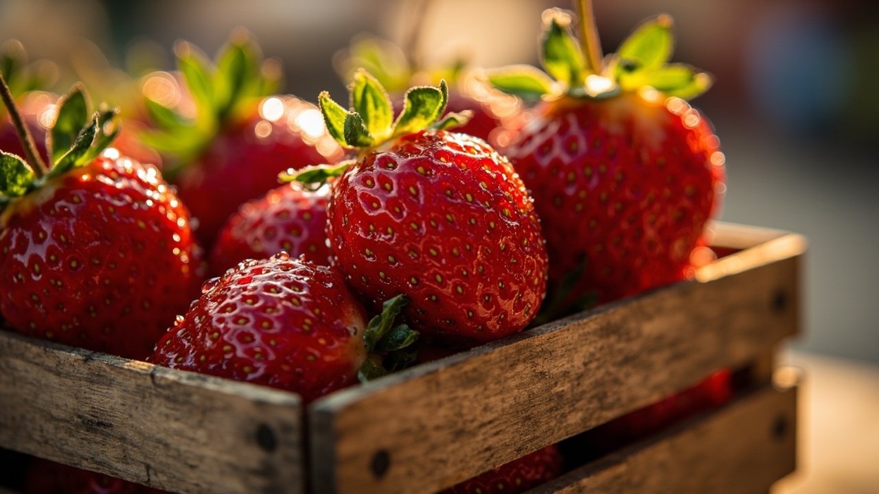 Fraises de Carpentras dans une cagette au marché