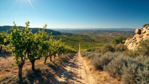 Vignes du Domaine La Garrigue sur le plateau de garrigue a Vacqueyras