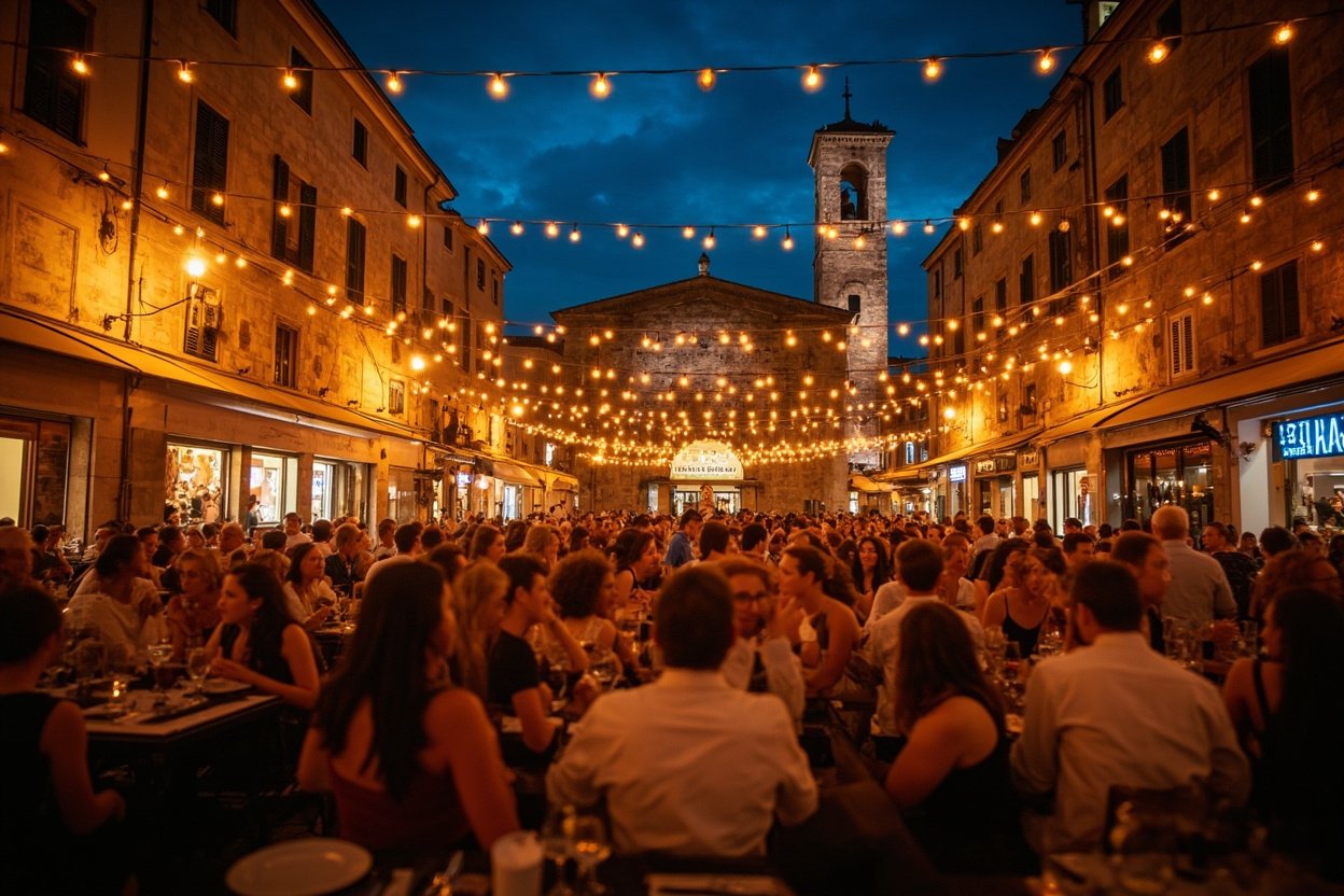 Terrasse de restaurant animee le soir place de lHorloge a Avignon pendant le Festival