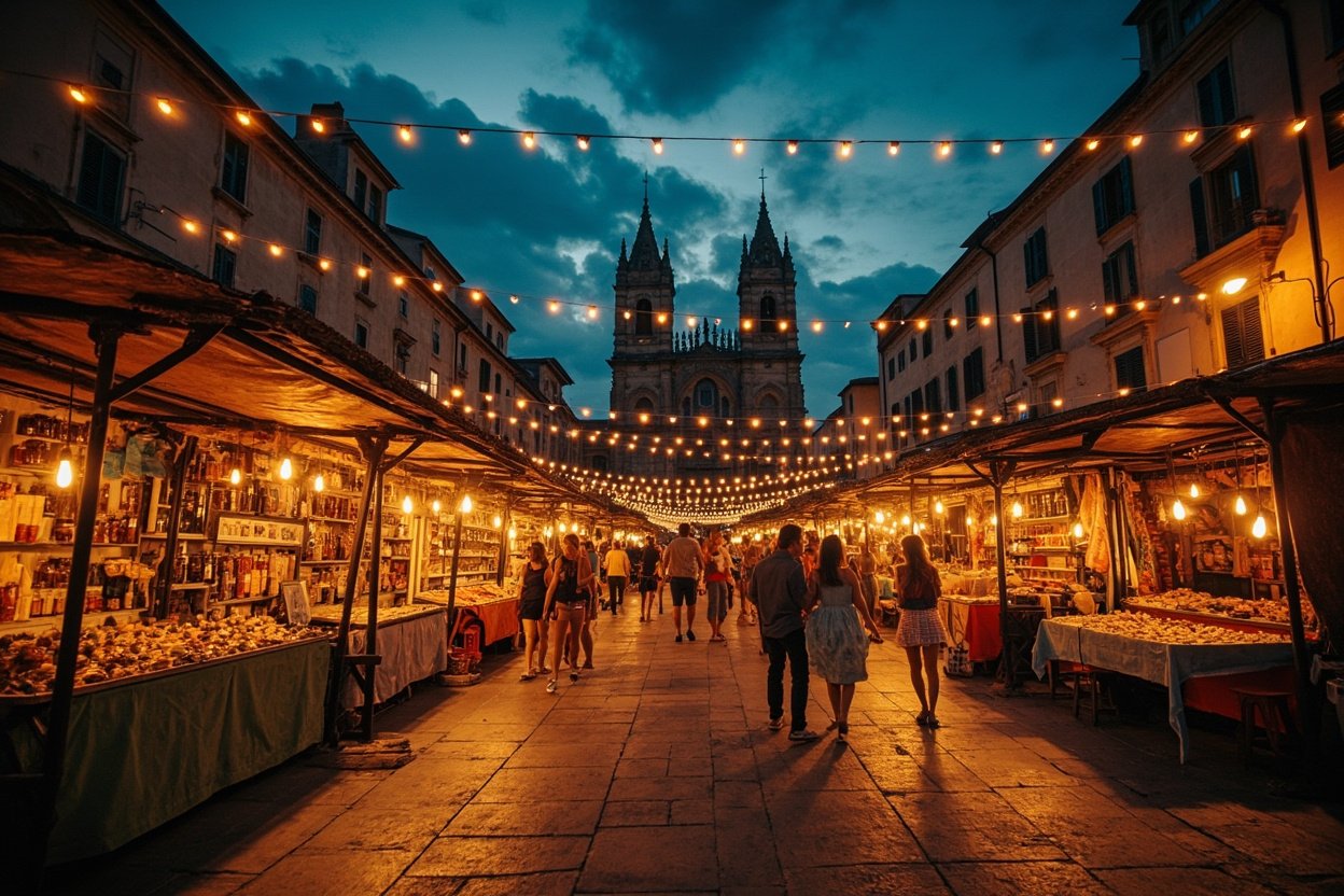 Marche nocturne sur une place dAvignon au crepuscule en ete