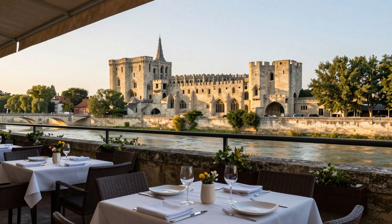 Terrasse restaurant Avignon vue remparts Rhône repas déjeuner soleil Provence