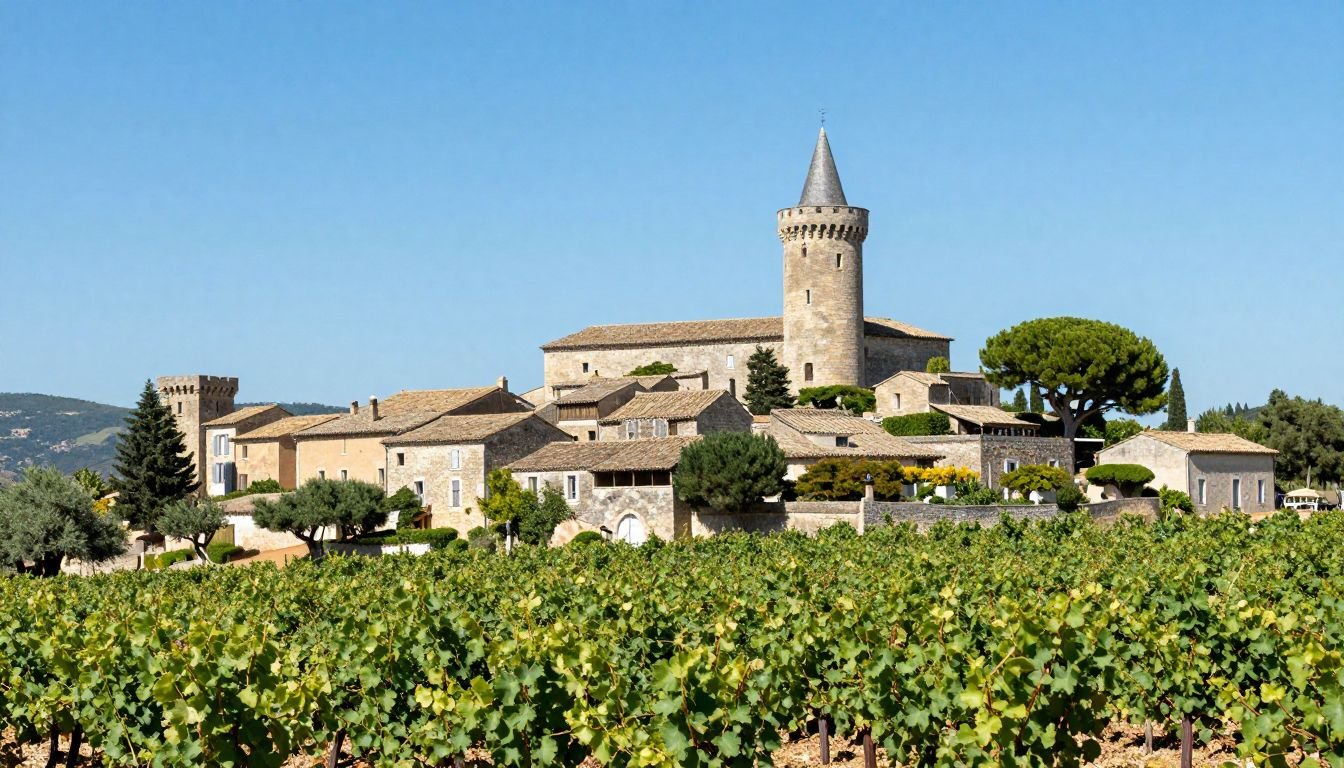 Village Châteauneuf-du-Pape vignobles château ruines domaines viticoles Vaucluse