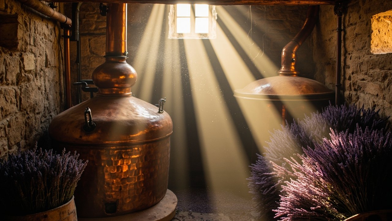 Alambic et lavande dans une distillerie de Provence