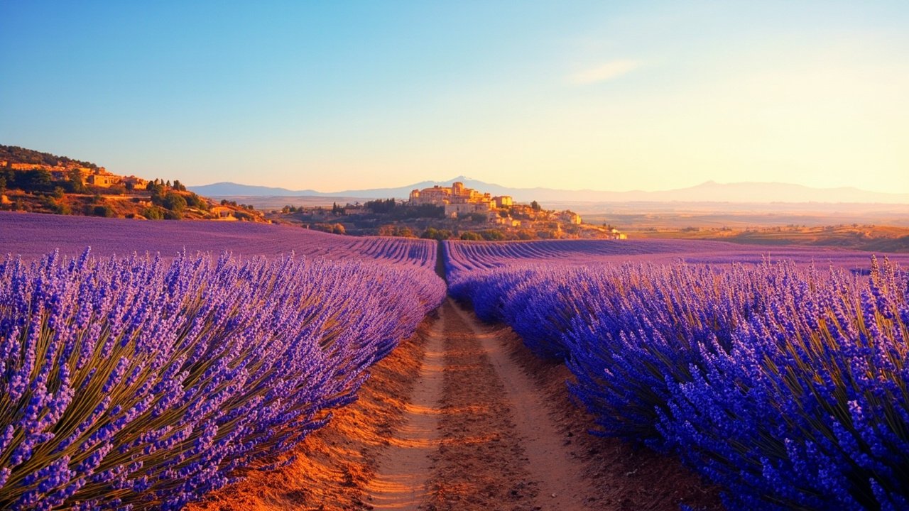Route bordée de champs de lavande en Provence près d'Avignon