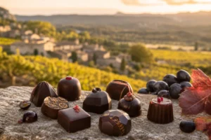 Artisan chocolates on a stone table with vineyards and the village of Châteauneuf-du-Pape in the background.