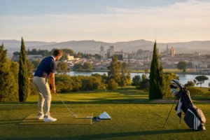 Golfer practicing on a calm golf range near Villeneuve-lès-Avignon with Provençal landscape and Avignon heritage in the backg