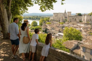Family with children walking through historic Avignon near shaded gardens with the Palais des Papes in the background.