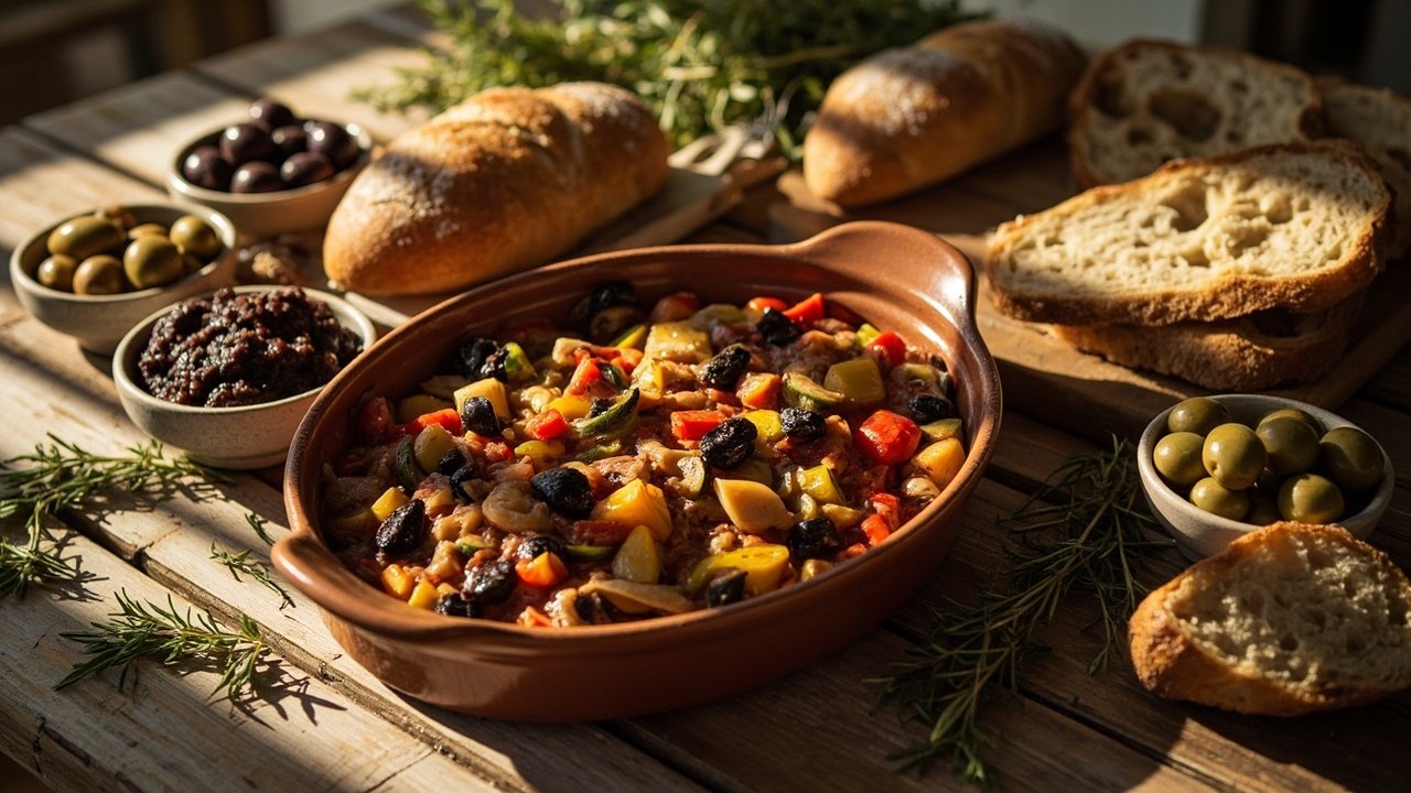 Table provençale avec ratatouille, olives, tapenade, pain et herbes au soleil