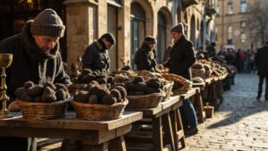 Marché aux truffes noires en hiver dans un village de Provence