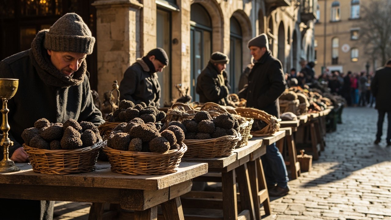 Marché aux truffes noires en hiver dans un village de Provence