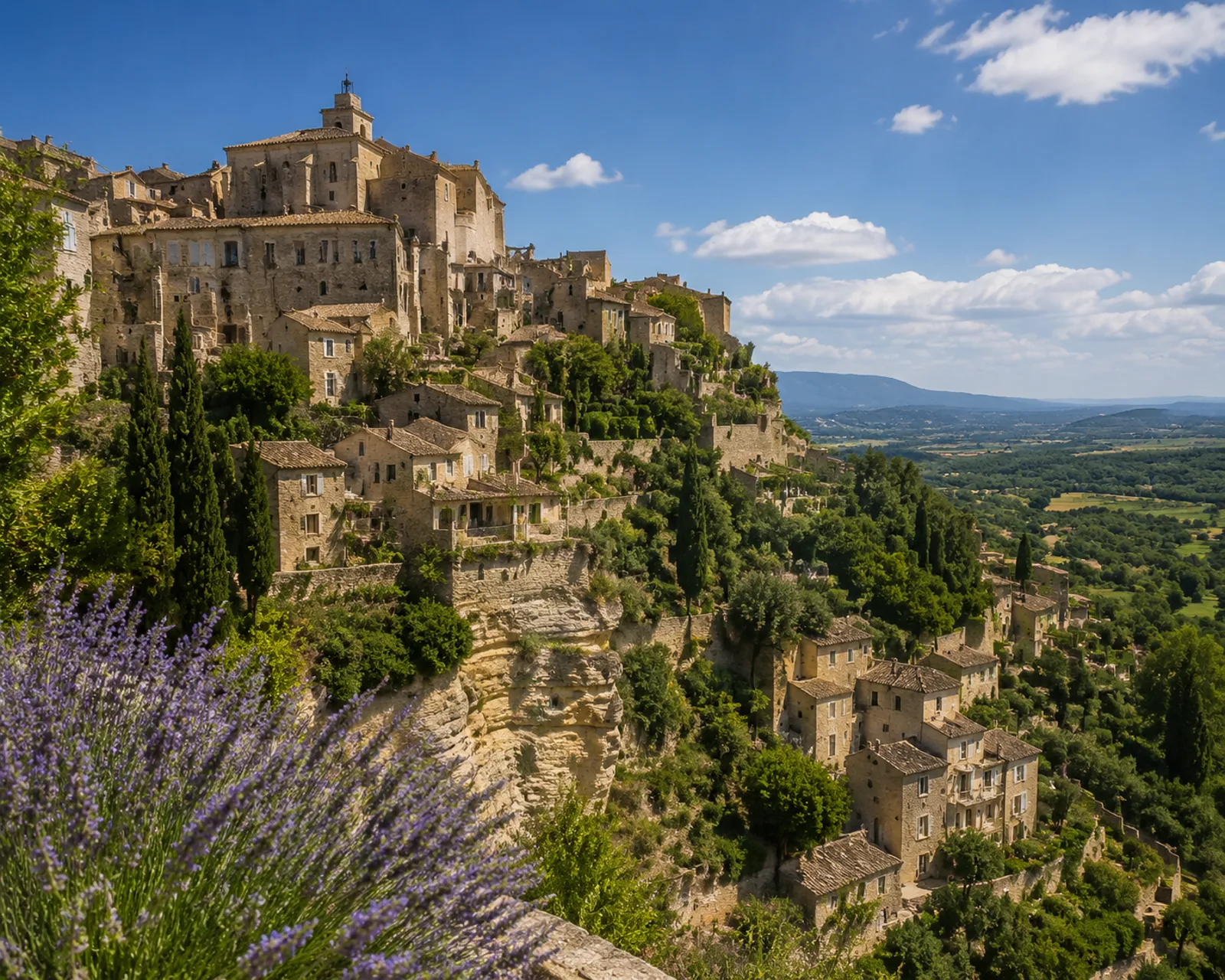 Village perche du Luberon avec lavande pres d Avignon