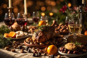 Table de fête provençale avec vins de la vallée du Rhône