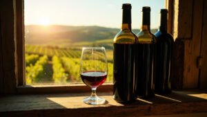 Bouteilles de Côtes du Rhône Villages alignées en cave