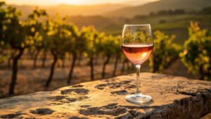 Verre de Tavel rosé devant un vignoble de la vallée du Rhône