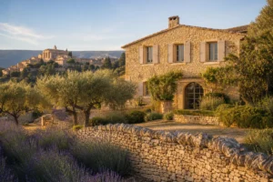 Maison en pierre dans le paysage du Luberon avec oliviers, murets secs et village provençal en arrière-plan.