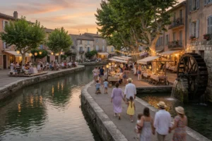 Animated evening atmosphere along the canals and water wheels of L'Isle-sur-la-Sorgue in Provence.
