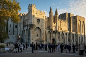 Professionals arriving at the historic Palais des Papes in Avignon for a prestigious business event.