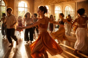 Adultes dansant avec énergie dans un studio de danse baigné de lumière dorée, ambiance chaleureuse et conviviale à Avignon