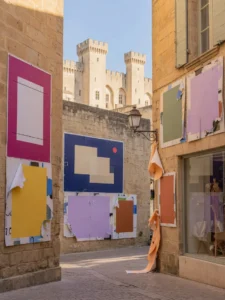 Historic Avignon street with layered blank festival posters on stone walls and the Palais des Papes in the background.