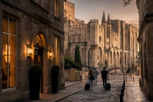 Vue éditoriale du centre historique d’Avignon près du Palais des Papes, évoquant un séjour hôtelier au cœur de la ville.