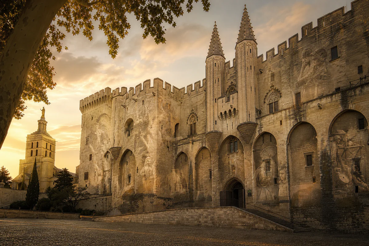 Vue cinématographique du Palais des Papes à Avignon avec une atmosphère historique évoquant la papauté médiévale.