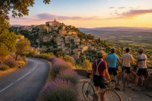 Panoramic view of Gordes, a hilltop village in Provence, with stone buildings overlooking lavender fields and vineyards at go