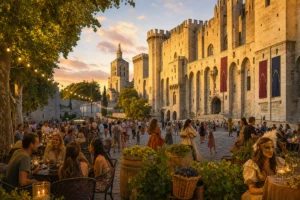 Seasonal outdoor festivities taking place near the Palais des Papes in Avignon at golden hour