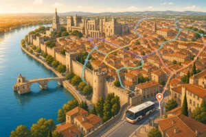 Illustration stylisée d'Avignon avec un plan de réseau de bus coloré en surimpression, montrant le Palais des Papes, le Pont