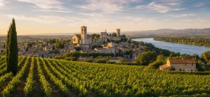 Vue panoramique du village médiéval de Roquemaure dans le Gard, avec ses vignobles de Côtes du Rhône au premier plan, ses toi