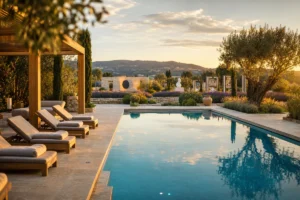 Modern luxury swimming pool with travertine terrace and Mediterranean landscaping in golden hour light, representing the Salo