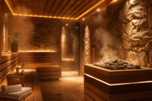Vue intérieure d'un sauna avec murs en pierre naturelle, éclairage chaleureux et vapeur douce, évoquant une séance de bien-êt