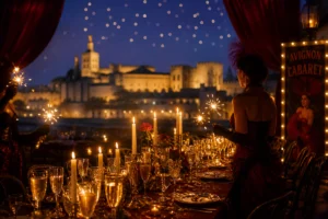 Elegant New Year's Eve banquet setup on a historic Avignon terrace at twilight, with champagne flutes, candlelight, red velve